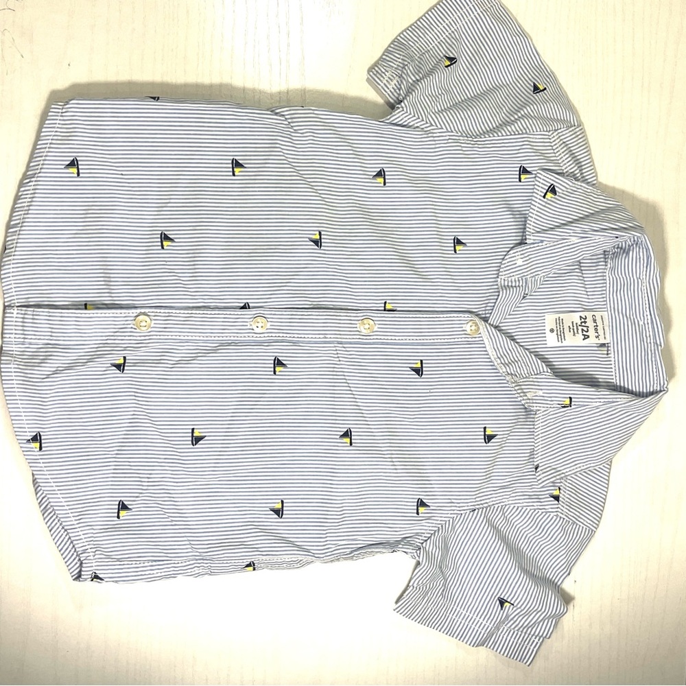 Carters 2T short sleeve stripe button‎ up shirt for toddler blue and white - Picture 3 of 9